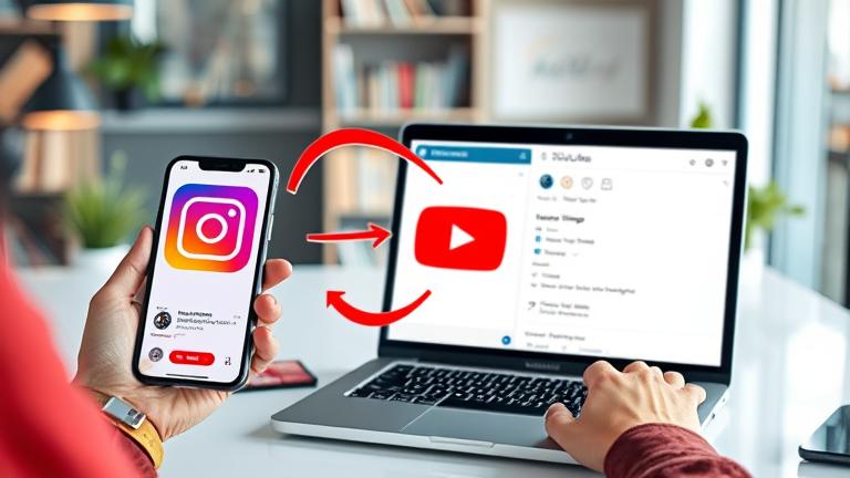 alt_text: Modern workspace showing linking Instagram to YouTube with devices, icons, and a person managing.