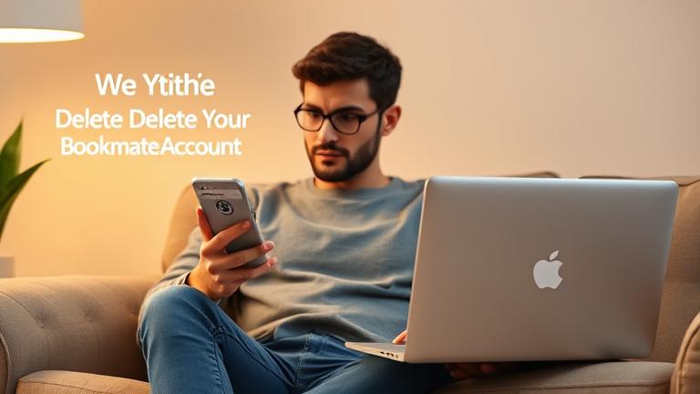 alt_text: Person using Bookmate on device, with account management visuals in warm, inviting tones.