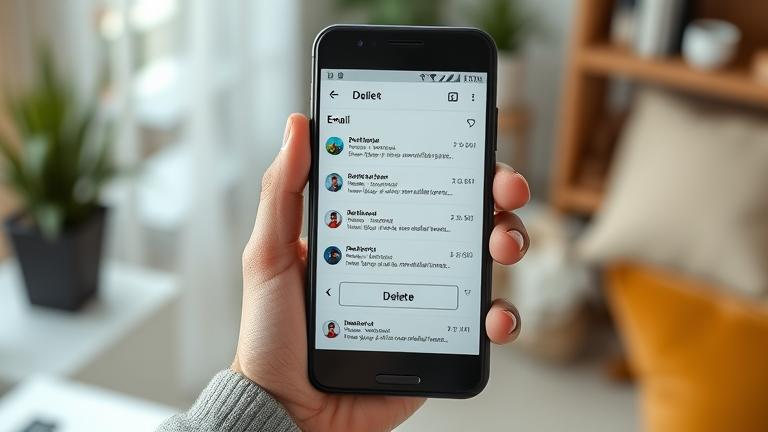 alt_text: Person holding smartphone with email inbox and delete button, in a modern workspace.