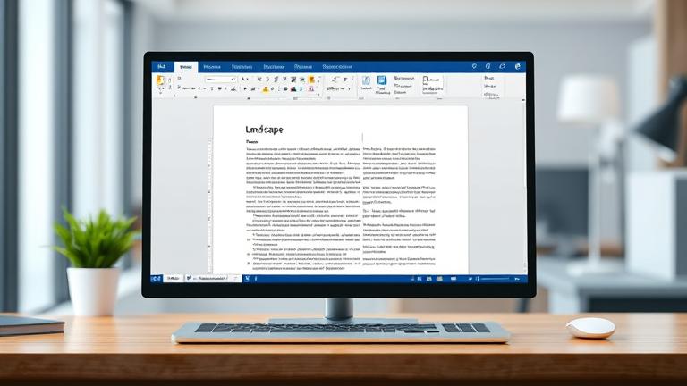 alt_text: Open Word on laptop showing a landscape page with toolbar highlights and modern workspace.