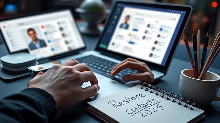 alt_text: Hands restore Google contacts on sleek devices with notes labeled "Restore Contacts 2025".