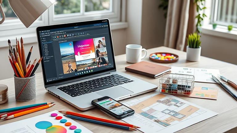 alt_text: Modern workspace with laptop, phone, tools, and Instagram banners for banner design.