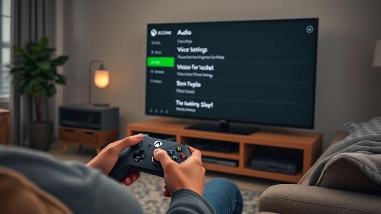 alt_text: Person uses Xbox One in cozy room to turn off voice chat via settings on TV.