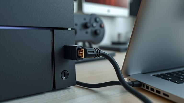 alt_text: Person connects PS4 to laptop via HDMI, in a neat gaming/workspace setup.