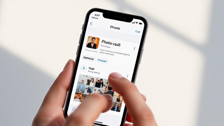 alt_text: iPhone screen with Photos app, highlighting hidden albums icon, finger ready to tap.