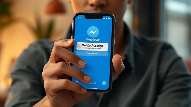 alt_text: Person with phone open to Messenger, hinting at account management or deletion.