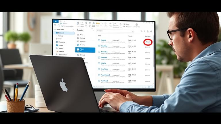 alt_text: Focused user with Outlook 2025 open, highlighting duplicate emails in a modern workspace.
