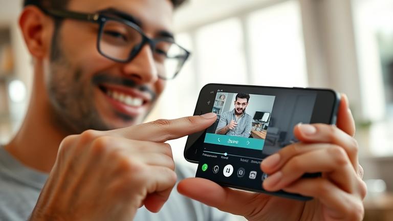alt_text: Person saves a edited Triller video on smartphone in a modern, well-lit room.