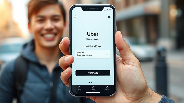 alt_text: Smiling person outdoors holds phone showing Uber promo code; city in background, bright colors.