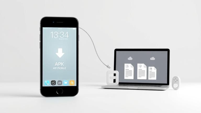 alt_text: iPhone with app install screen, APK icon, arrow, and computer showing APK files.