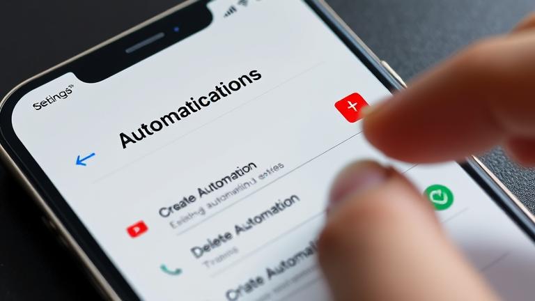 alt_text: iPhone Settings screenshot showing automation options with delete icon and finger preparing to tap.