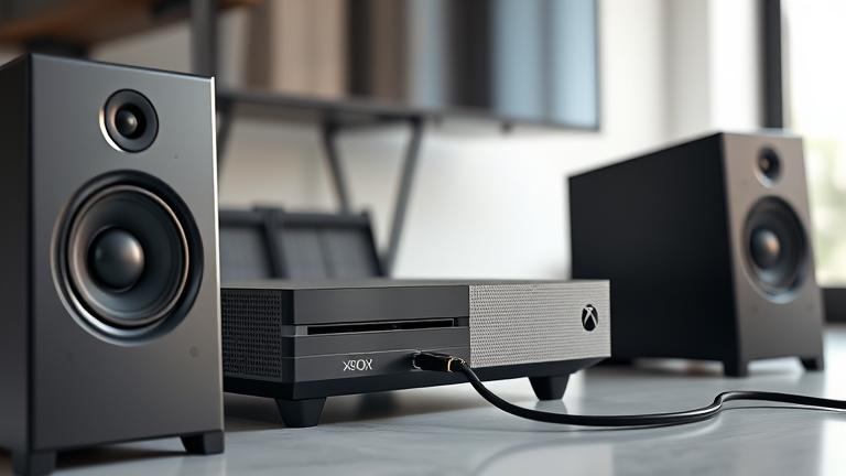alt_text: Xbox One connected to external speakers via cable or Bluetooth, illustrating easy setup.