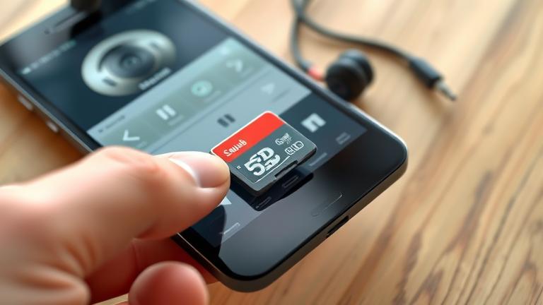 alt_text: Person inserting SD card into Android phone to manage music files.