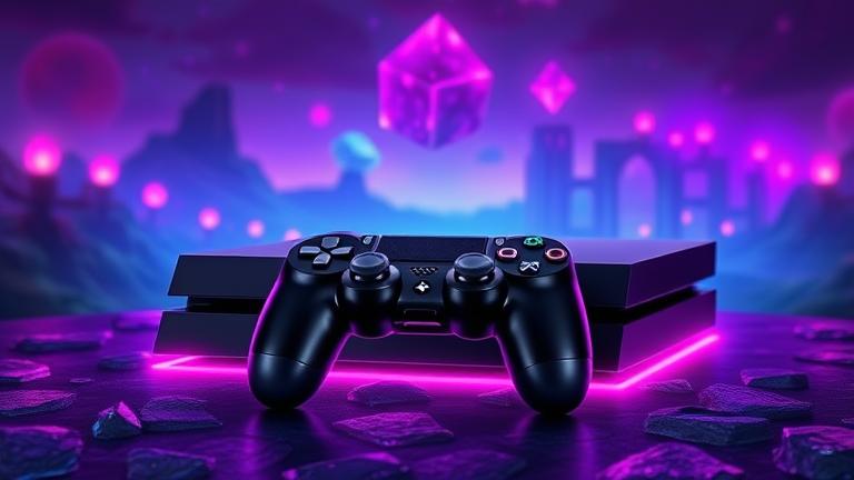 alt_text: PS4 console and controller glow with purple hues; fantasy ruins hint at Shadow Ruby.