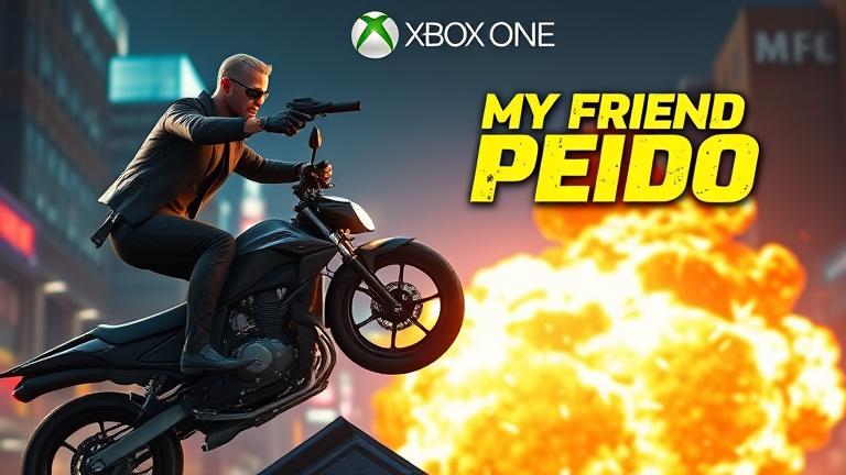 alt_text: Action-packed scene with a stylized hero on a motorcycle, vibrant city, Xbox logo, Rated M.