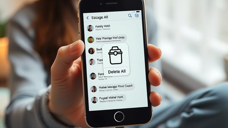 alt_text: Phone screen shows multiple chats with a "Delete All" icon, symbolizing message decluttering.