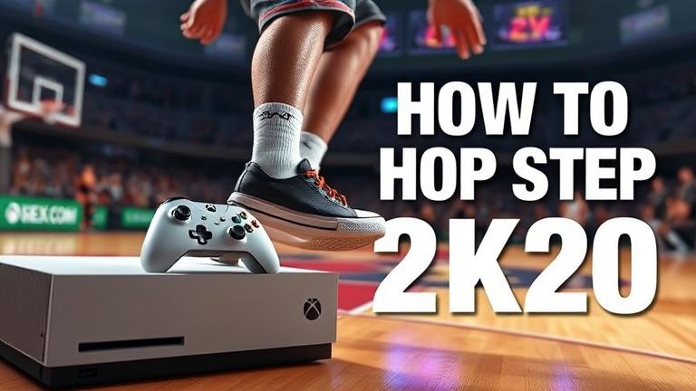 alt_text: Realistic cover of a player performing a hop step in 2K20 on Xbox, on a vibrant court.