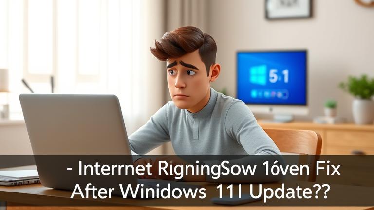 alt_text: Frustrated person at desk with Windows 11 update, slow internet, and troubleshooting overlay.