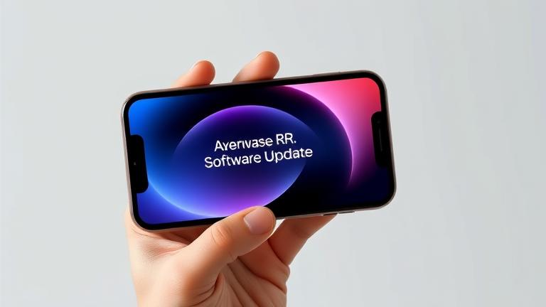 alt_text: Person holding iPhone XR with update screen, modern background, highlighting software update.