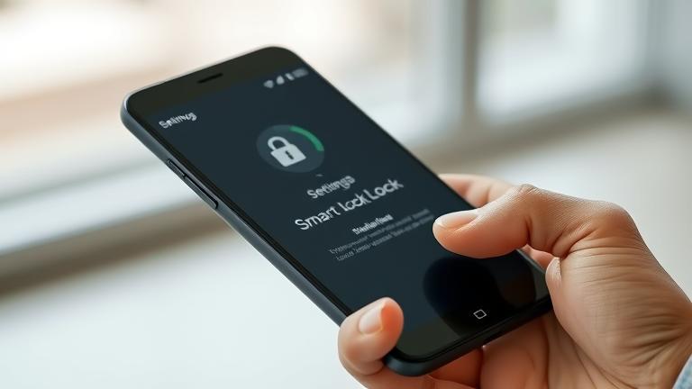 alt_text: Person disabling Smart Lock on phone, with blurred settings and lock icon in background.
