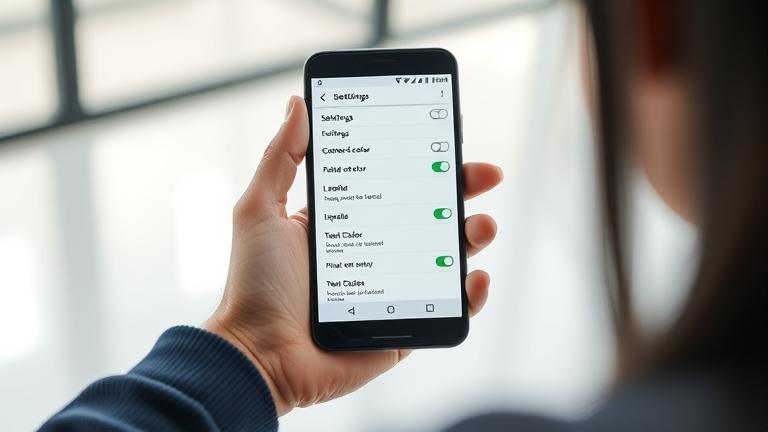 alt_text: Person holding Android phone with settings, customizing text color on a modern background.