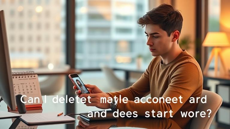 Young adult at a stylish desk, contemplating Tinder profile reset in cozy city setting.