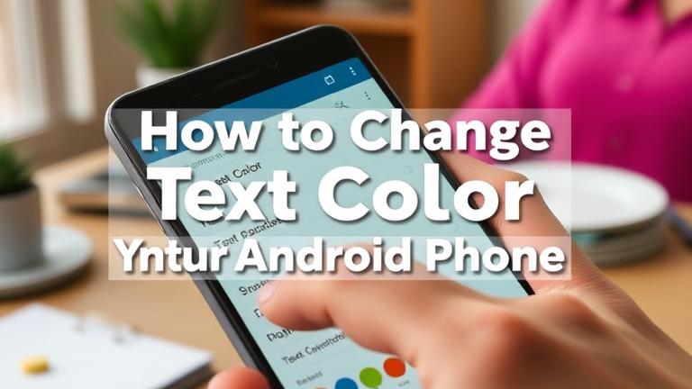 alt_text: Android screen showing text color options; person selecting color in a cozy workspace.
