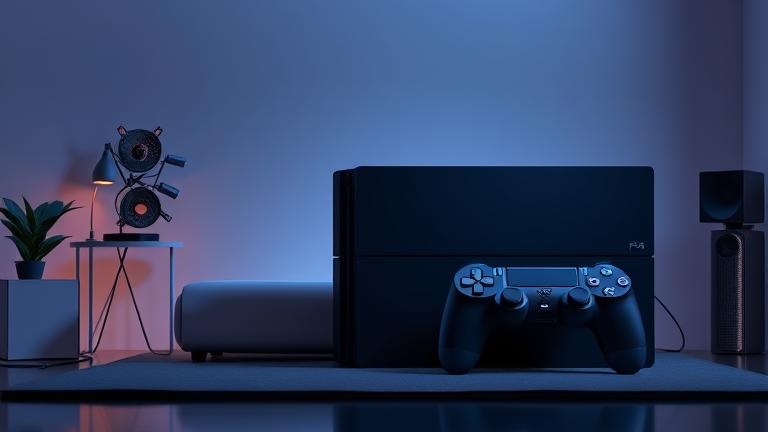alt_text: Person relaxing beside a sleek PS4 in a quiet, modern gaming setup with soundproofing cues.