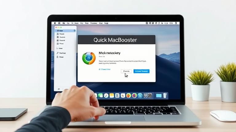 alt_text: Person confidently managing Quick MacBooster uninstallation on MacBook in a professional workspace.