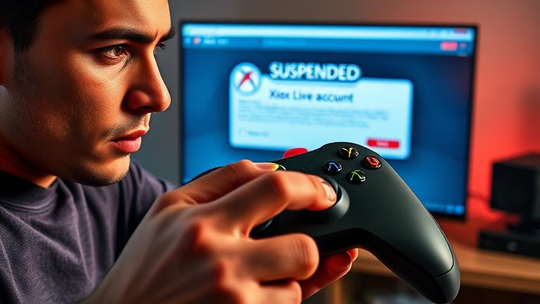 alt_text: Person with Xbox controller, focused, amid warning alerts on screen, gaming setup in background.