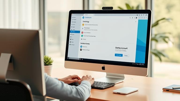 alt_text: Person deletes Telegram account on laptop in modern workspace with settings and Telegram logo.