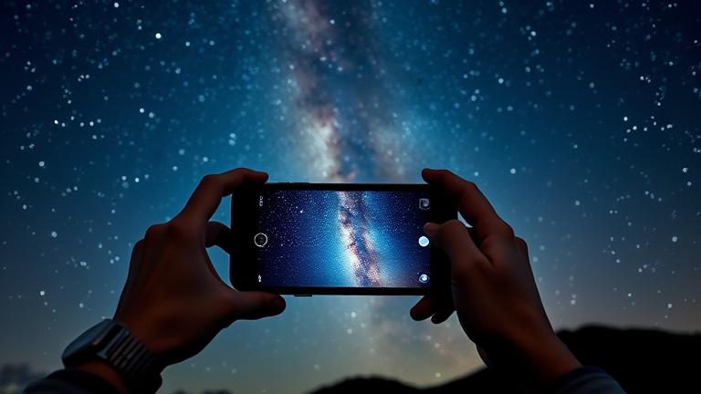 alt_text: Person captures stunning Milky Way with iPhone outdoors at night under starry sky.