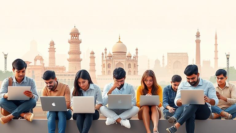 alt_text: Diverse workers on laptops, Indian cityscape, hints of currency and MTurk logo, remote work.