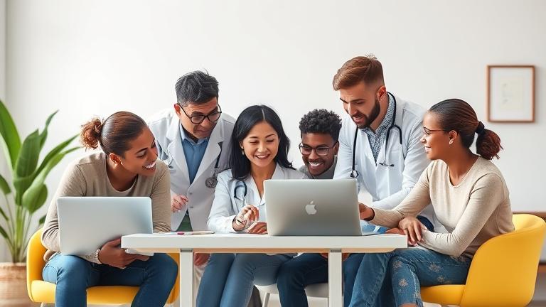 Alt_text: Diverse group consulting on health coverage, with icons for Covered California and Medi-Cal.
