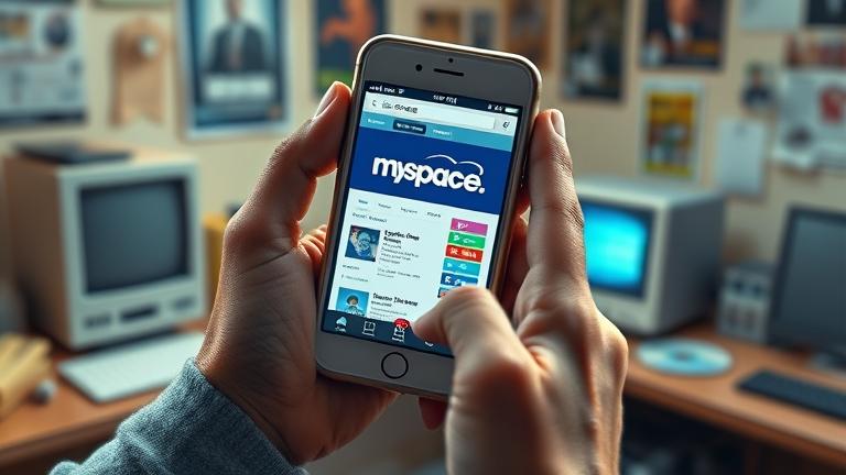 alt_text: Person holding an old smartphone with Myspace page, nostalgic 2000s internet scene.
