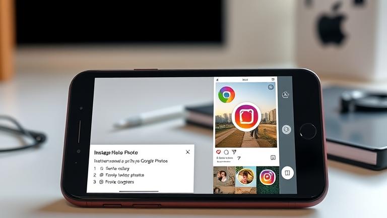 alt_text: Smartphone posting a Google Photo to Instagram with app icons on a bright workspace.