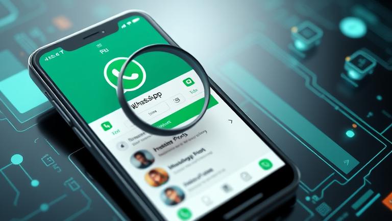 alt_text: WhatsApp profile with viewer icons and magnifying glass highlighting profile visit tracking.