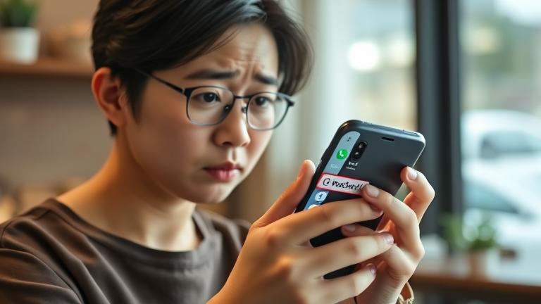 alt_text: Concerned user with blocked WeChat on phone, worried expression, blurred background.