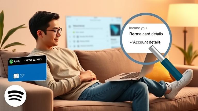 alt_text: Person on sofa managing Spotify account, removing card info with a friendly vibe.
