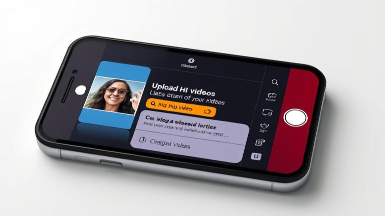 alt_text: iPhone uploading HD video to Instagram with editing tools and vibrant, modern design.