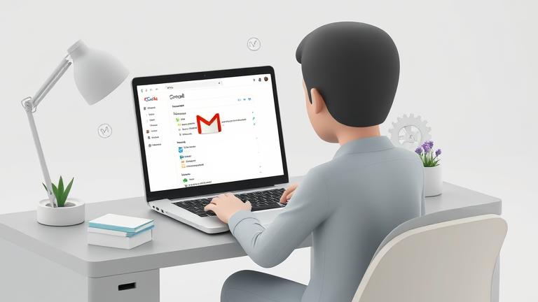 alt_text: Person at desk with Gmail on laptop, considering account settings, gear icon visible.