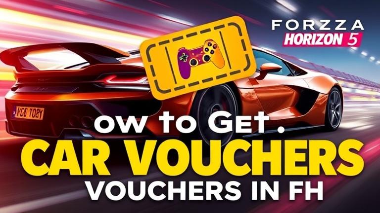 alt_text: Vibrant car with gaming elements and "How to Get Car Vouchers in FH5" text.
