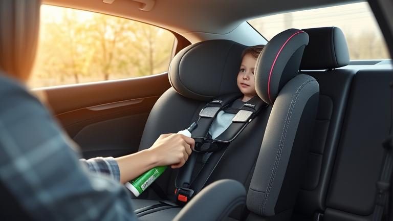 alt_text: Caring parent cleaning Nuna Rava car seat inside a bright, modern car interior.