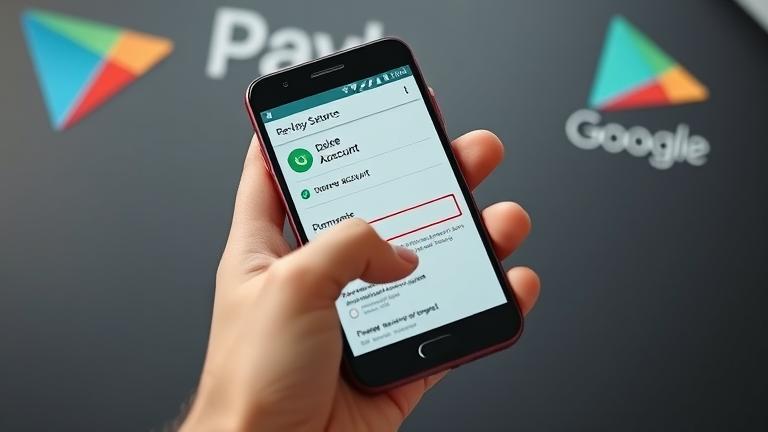 A person holding a phone with Play Store's "Remove Account" option open, guiding account removal.