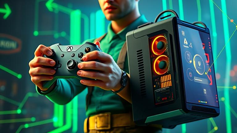 alt_text: Gamer with Xbox controller and PC, connected by digital lines, highlighting crossplay with Fallout 76.