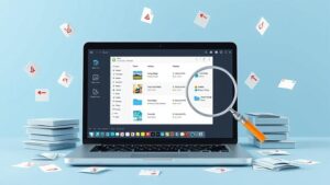 alt_text: Laptop screen showing duplicate files highlighted, with a magnifying glass and delete icon.
