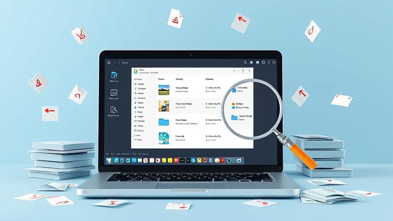 alt_text: Laptop screen showing duplicate files highlighted, with a magnifying glass and delete icon.