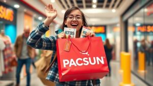 alt_text: Youthful shopper with rewards, coupons, and vibrant store background highlighting PacSun rewards.