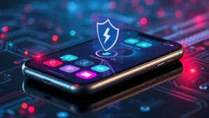 alt_text: Modern iPhone unlocked with circuitry and shield icons, symbolizing bypass and unrestricted access.