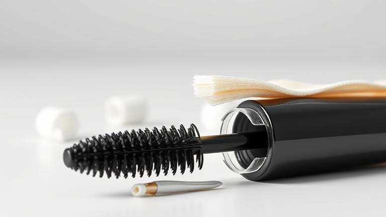 alt_text: Close-up of a clean mascara tube with tools, illustrating proper cleaning and hygiene.